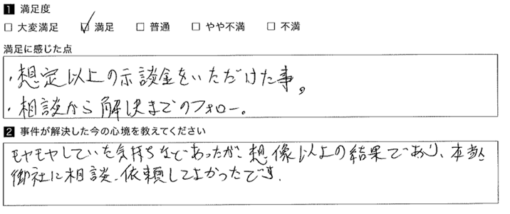 想像以上の結果であり、本当に相談・依頼してよかったです。